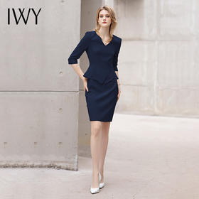 IWY/2022夏季薄款通勤假两件七分袖连衣裙女士修身包臀藏青色职业套裙