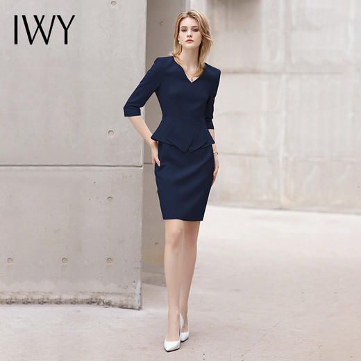 IWY/2022夏季薄款通勤假两件七分袖连衣裙女士修身包臀藏青色职业套裙 商品图0
