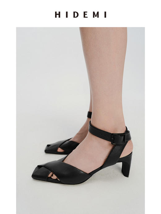 HIDEMI 交叉设计感羊皮方尖头小跟凉鞋皮鞋 白色/黑色 商品图8