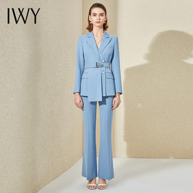 IWY/高端蓝色阔腿裤西装套装女长袖设计感时尚气质总裁职业正装工作服