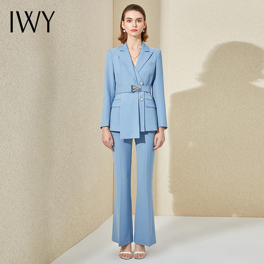 IWY/高端蓝色阔腿裤西装套装女长袖设计感时尚气质总裁职业正装工作服 商品图0