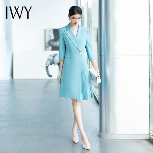IWY/气质名媛收腰显瘦高端职业连衣裙女蓝色西装套裙时尚七分袖百褶裙Q656 商品图0