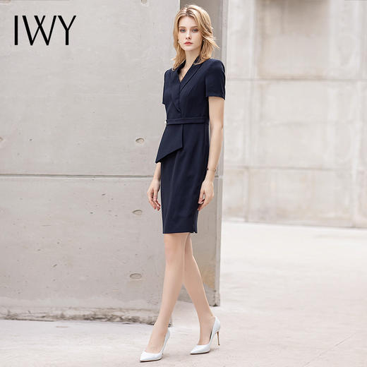 IWY/藏青色夏季短袖职业连衣裙女总裁正装通勤双排扣假两件西服裙正装 商品图2