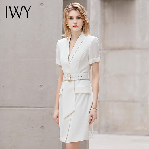 IWY/绑带白色短袖连衣裙女士新款气质时尚正装工作服修身洋气职业套裙 商品图2