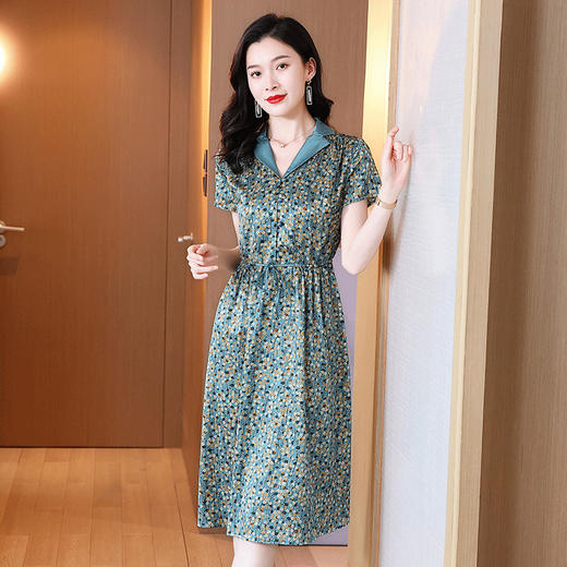 真丝绸弹力缎连衣裙短袖西装领时尚碎花中长款显瘦气质桑蚕丝裙子KQN-242-12 商品图0