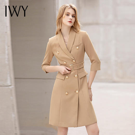 IWY/卡其色七分袖主持正装连衣裙女夏季高端美容院工作服气质名媛裙子 商品图1