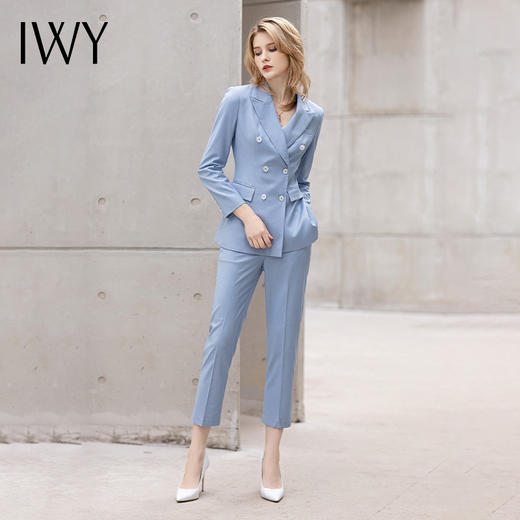 IWY/高端长袖西服职业装气质女神范蓝色双排扣西装套装女商务总裁正装 C12101+P12101 商品图2