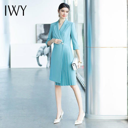 IWY/气质名媛收腰显瘦高端职业连衣裙女蓝色西装套裙时尚七分袖百褶裙Q656 商品图1