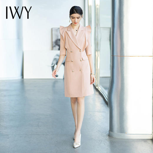 IWY/夏季短西装连衣裙女粉色名媛荷叶袖包臀裙高端气质职业套裙工作服Q672 商品图0