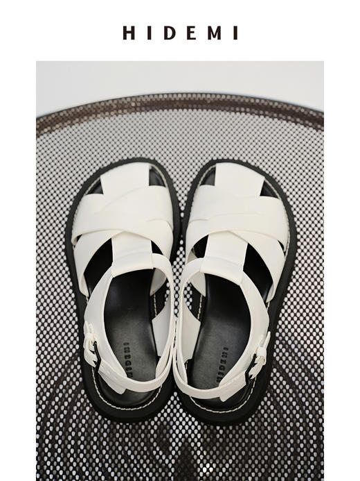 HIDEMI 牛皮手工宽编织镂空设计感厚底凉鞋皮鞋 白色/黑色 商品图7