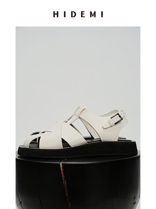 HIDEMI 牛皮手工宽编织镂空设计感厚底凉鞋皮鞋 白色/黑色 商品图10