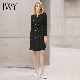 IWY/黑色正装连衣裙高级感长袖职业套装裙气质正式场合职业装女西装裙