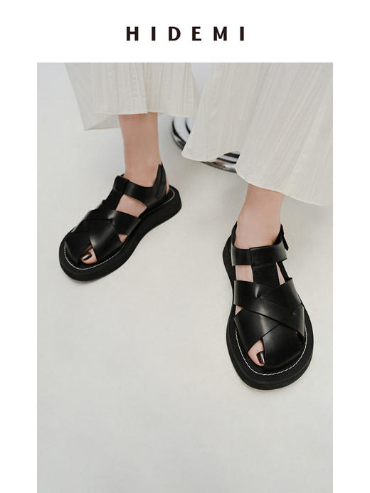 HIDEMI 牛皮手工宽编织镂空设计感厚底凉鞋皮鞋 白色/黑色 商品图5