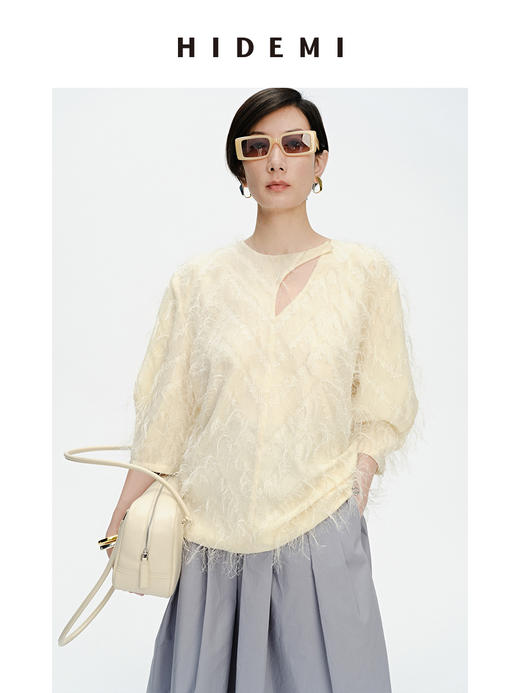 HIDEMI 软雕塑立体短流苏设计感不对称镂空设计廓形袖上衣 商品图1