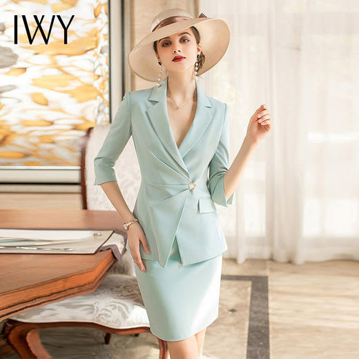 IWY/高级感职业套裙女浅绿色夏七分袖西服正装西装半裙前台接待工作服 商品图2