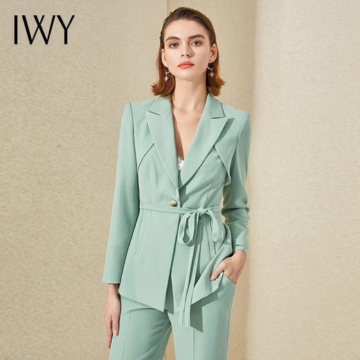 IWY/气质绑带阔腿裤总裁西装套装女浅绿色时尚高端长袖美容院职业装OL 商品图4