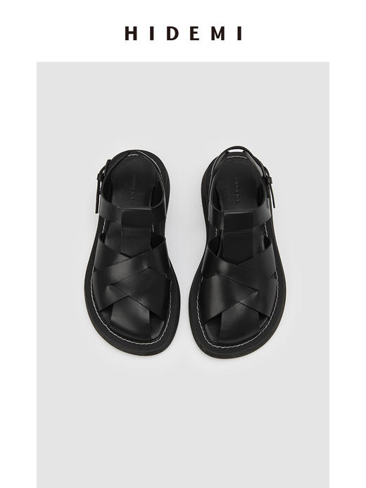 HIDEMI 牛皮手工宽编织镂空设计感厚底凉鞋皮鞋 白色/黑色 商品图3