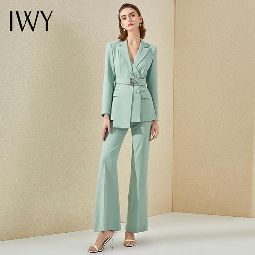 IWY/高端浅绿阔腿裤西装套装女长袖设计感时尚气质总裁职业正装工作服 商品图0