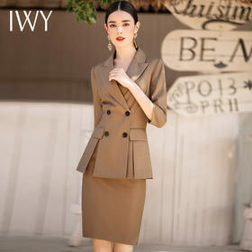 IWY/卡其色酒店经理工作服女夏双排扣气质高端英伦风职业装西装套装裙