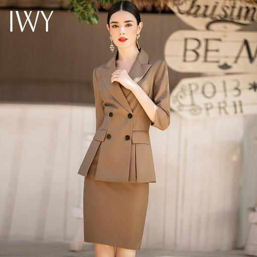 IWY/卡其色酒店经理工作服女夏双排扣气质高端英伦风职业装西装套装裙 商品图0