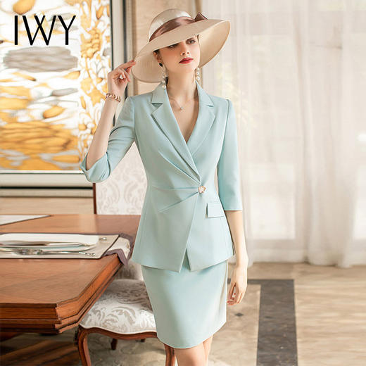 IWY/高级感职业套裙女浅绿色夏七分袖西服正装西装半裙前台接待工作服 商品图4