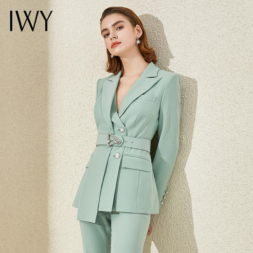 IWY/高端浅绿阔腿裤西装套装女长袖设计感时尚气质总裁职业正装工作服 商品图4