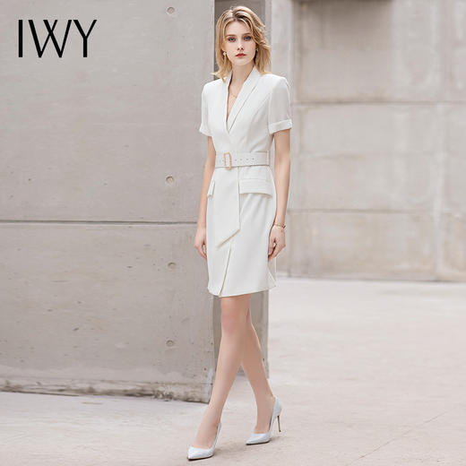 IWY/绑带白色短袖连衣裙女士新款气质时尚正装工作服修身洋气职业套裙 商品图4