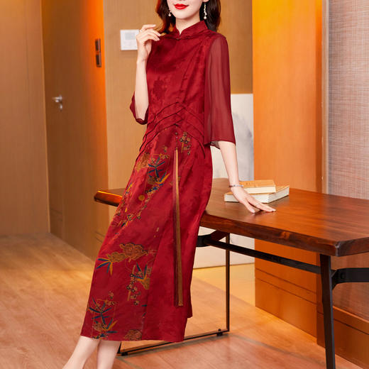 喜婆婆红色花萝香云纱连衣裙2022年新款真丝桑蚕丝改良旗袍裙ZT-791 商品图0