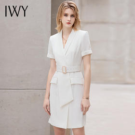 IWY/绑带白色短袖连衣裙女士新款气质时尚正装工作服修身洋气职业套裙