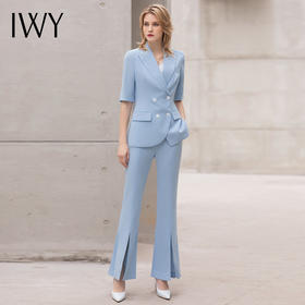 IWY/夏季短袖西装套装职业装女时尚气质美容院工作服阔腿裤蓝色正装Ol