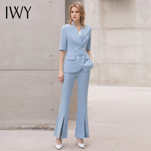IWY/夏季短袖西装套装职业装女时尚气质美容院工作服阔腿裤蓝色正装Ol 商品图0