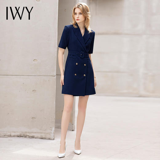 IWY/藏青色夏季短袖西装连衣裙女名媛气质时尚职业套装售楼部商务正装 商品图1