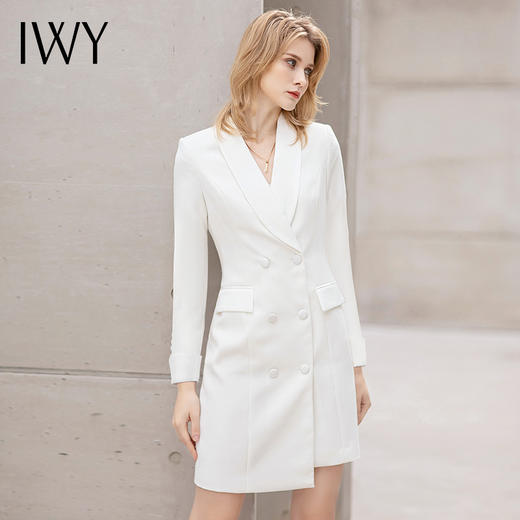IWY/新款长袖连衣裙女白色西服裙正式场合双排扣西装领裙子时尚经理装 商品图2