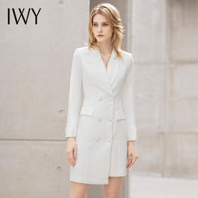IWY新款长袖连衣裙白色双排扣时尚经理装
