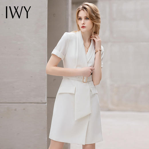 IWY/绑带白色短袖连衣裙女士新款气质时尚正装工作服修身洋气职业套裙 商品图3