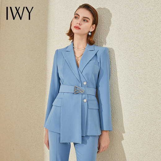 IWY/高端蓝色阔腿裤西装套装女长袖设计感时尚气质总裁职业正装工作服 商品图4