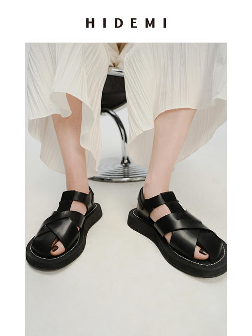 HIDEMI 牛皮手工宽编织镂空设计感厚底凉鞋皮鞋 白色/黑色 商品图12