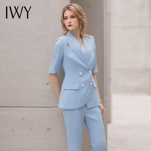 IWY/夏季短袖西装套装职业装女时尚气质美容院工作服阔腿裤蓝色正装Ol 商品图4