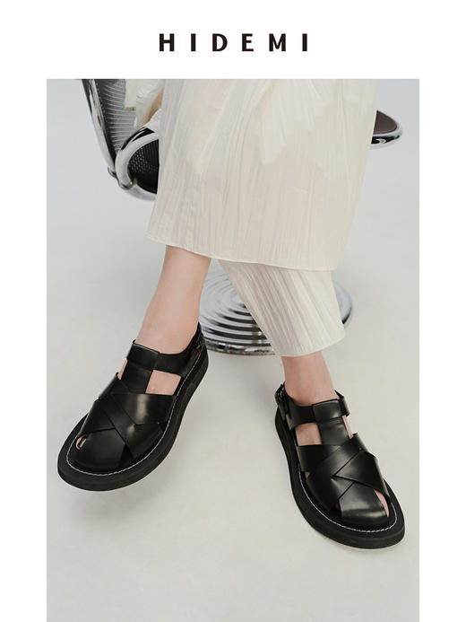 HIDEMI 牛皮手工宽编织镂空设计感厚底凉鞋皮鞋 白色/黑色 商品图6