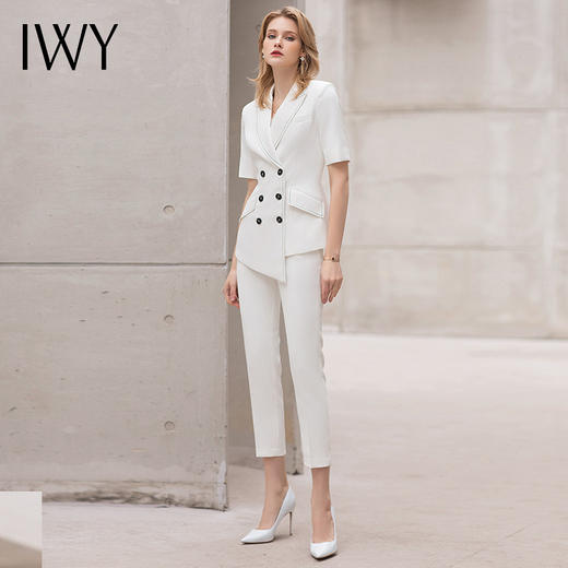 IWY/IWY夏季短袖职业西装套装时尚干练双排扣气质修身白色商务工作服 商品图1