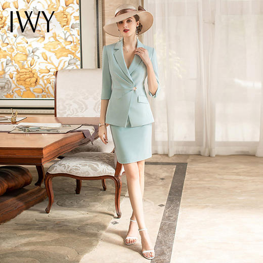 IWY/高级感职业套裙女浅绿色夏七分袖西服正装西装半裙前台接待工作服 商品图1