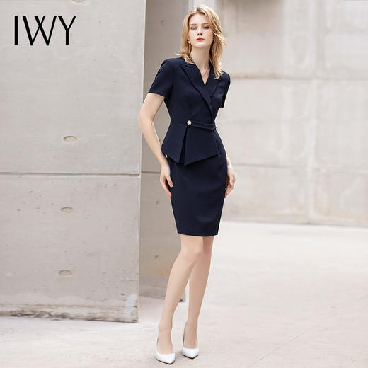 IWY/藏青色夏季短袖职业连衣裙女总裁正装通勤双排扣假两件西服裙正装 商品图1