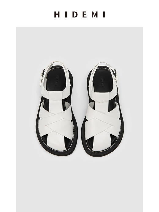 HIDEMI 牛皮手工宽编织镂空设计感厚底凉鞋皮鞋 白色/黑色 商品图4