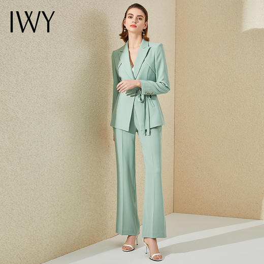 IWY/气质绑带阔腿裤总裁西装套装女浅绿色时尚高端长袖美容院职业装OL 商品图2