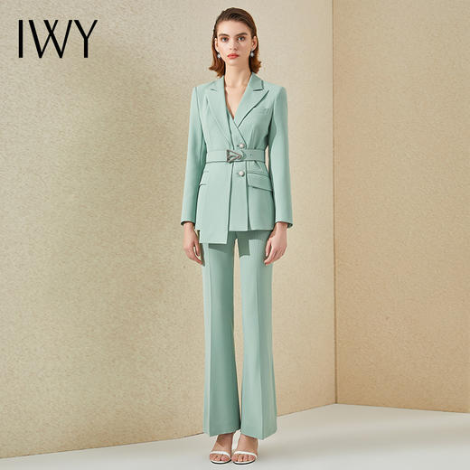 IWY/高端浅绿阔腿裤西装套装女长袖设计感时尚气质总裁职业正装工作服 商品图2