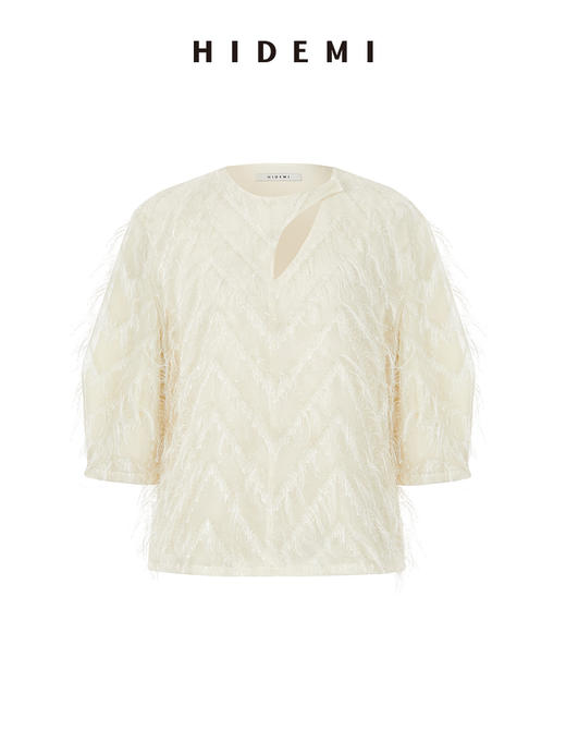 HIDEMI 软雕塑立体短流苏设计感不对称镂空设计廓形袖上衣 商品图2