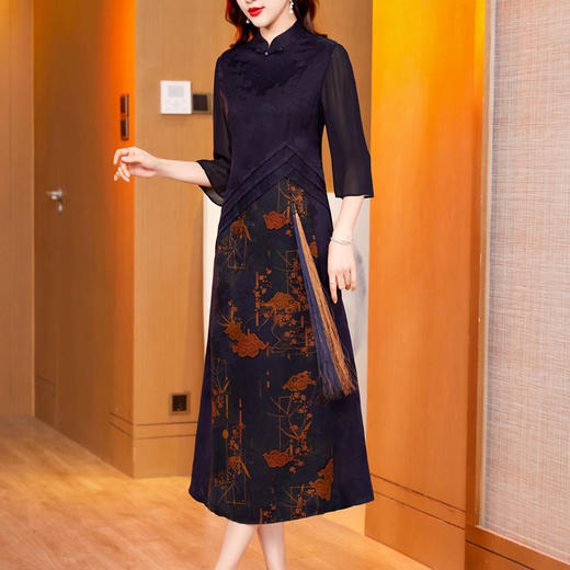 喜婆婆红色花萝香云纱连衣裙2022年新款真丝桑蚕丝改良旗袍裙ZT-791 商品图3