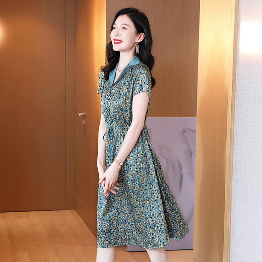 真丝绸弹力缎连衣裙短袖西装领时尚碎花中长款显瘦气质桑蚕丝裙子KQN-242-12 商品图2