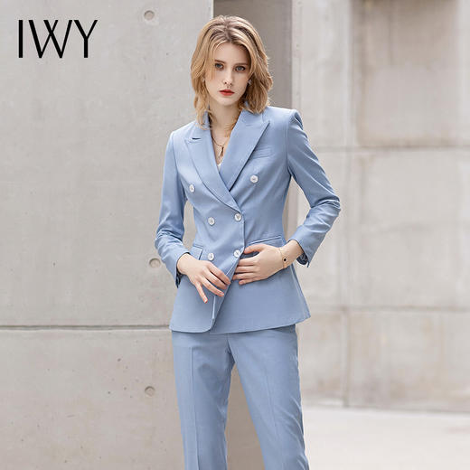 IWY/高端长袖西服职业装气质女神范蓝色双排扣西装套装女商务总裁正装 C12101+P12101 商品图4