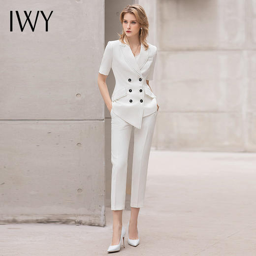 IWY/IWY夏季短袖职业西装套装时尚干练双排扣气质修身白色商务工作服 商品图2